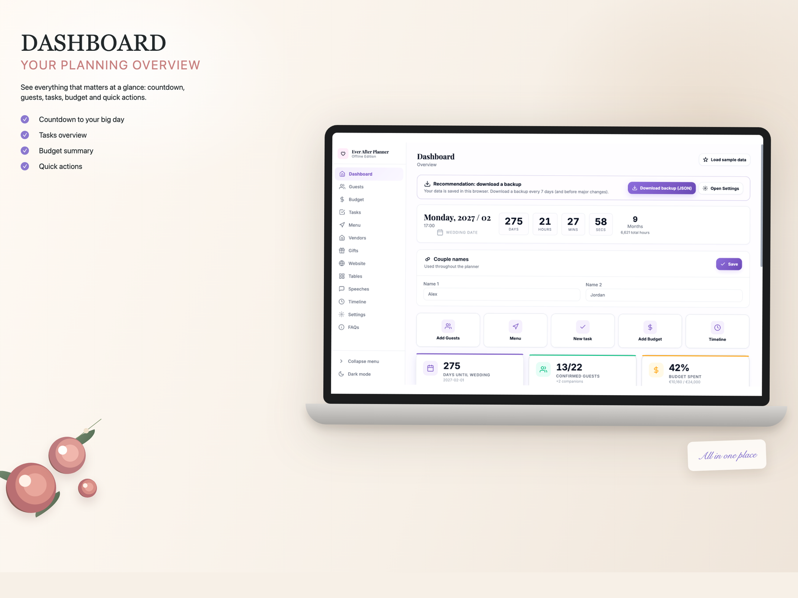 Vista del dashboard del planner de boda