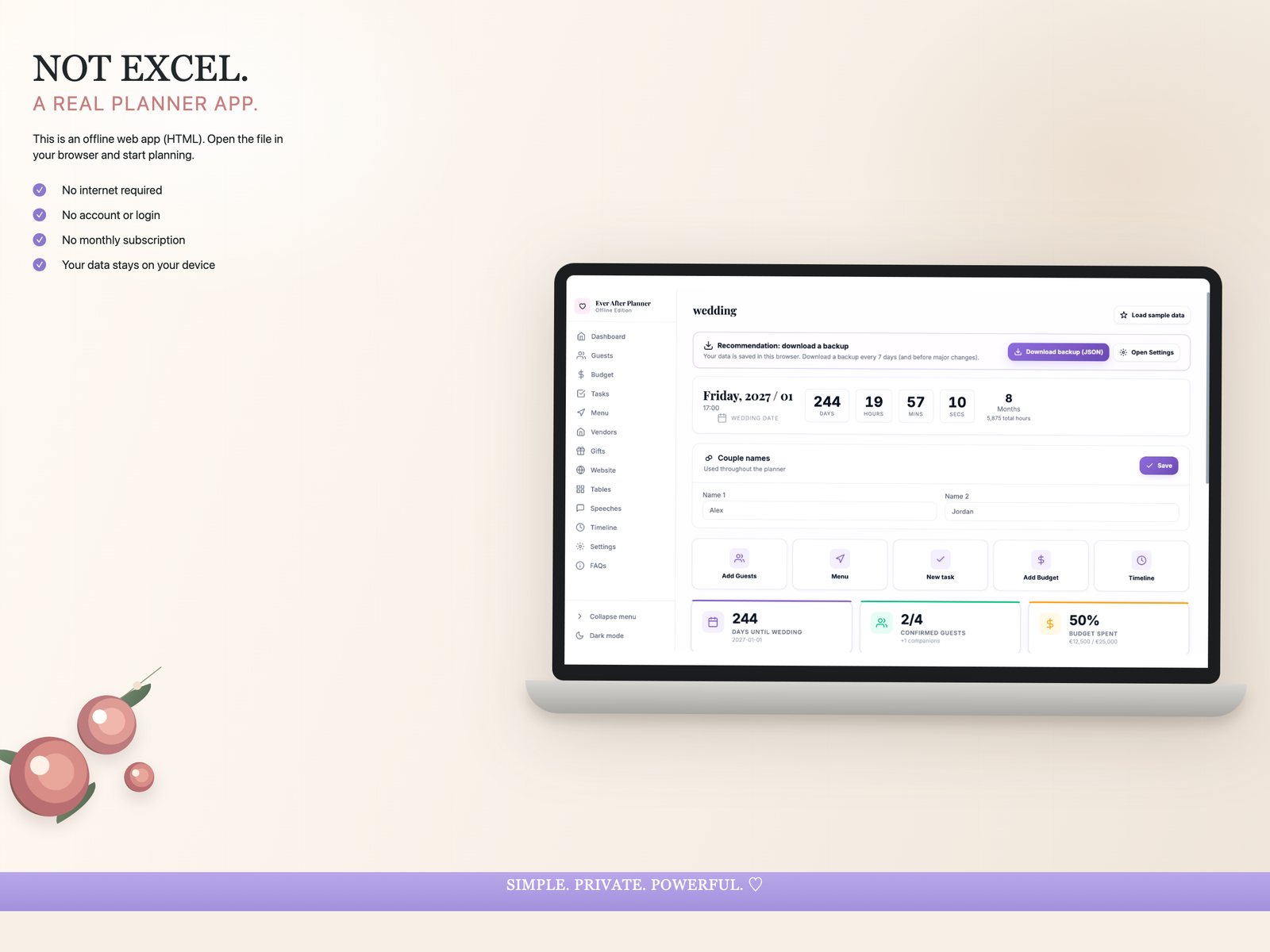 Imagen explicando que Ever After Planner no es Excel sino una app real